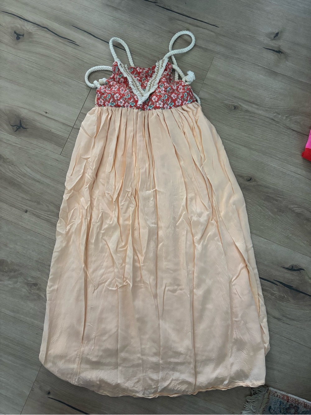 Little Baberham Boho Floral Crochet-Trim Maxi Dress in Peach & Coral